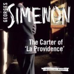 The book cover of the audio version of The Carter of &#039;La Providence&#039; by Georges Simenon has a small tagline &#039;Inspector Maigret&#039;. The image is of a lone figure in a coat and hat leaning against something in a darkened room