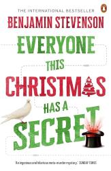 The book cover for Everyone this Christmas Has A Secret by Benjamin Stevenson is a white background with a greyed out dotted line joining the words of the title:

Everyone - green with a Christmas light forming the o
This - slightly angled in two shades of green
Christmas - red with a Christmas tree with white lights on it forming the a
Has A - slightly angled two shades of green with a white dove to the left standing on top of the S in the next word down
Secret - Green lettering, slightly angled, with a top hat in front of / slightly under the T with a red explosion coming out of the top, pushing the T slightly upwards

The Author&#039;s name is at the top of the book directly under the line &#039;The International Bestseller&#039; with a quote at the very bottom &#039;An ingenious and hilarious meta-murder mystery.&#039; Sunday Times
