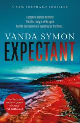 The book cover for Expectant by Vanda Symon has the notation &#039;A Sam Shephard Thriller&#039; and the tagline &#039;A pregnant woman murdered  The killer ready to strike again  And the lead detective is expecting her first baby ...&#039;.  There&#039;s also a red &quot;sticker&quot; at the bottom which contains the words &#039;New Zealand&#039;s modern Queen of Crime&#039; Val McDermid

The image is looking across a shoreline with water right up to the edge. There&#039;s a walk way along the top which has brightly lit lighting all the way along, reflecting red down into the water&#039;s edge. There&#039;s a small hill in the distance with buildings on it, and a blue, heavy looking sky above.