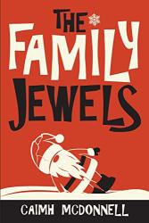 The book cover for The Family Jewels by Caimh McDonnell (near as I can get it Caimh is pronounced KEE-va or KWEE-va).

The image has a red background with a Santa figure leaning to the left in a swipe of white. The title of the book in centre at the top in a large, uneven font, with a small white snowflake beside &#039;The&#039;. 