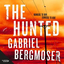 The book cover for the audio version of The Hunted by Gabriel Bergmoser includes the tagline &#039;Nowhere to run Nowhere to Hide&#039;.

The image is of a hot, firey red and yellow cloudy sky with nothing but an electricity line running through it and a few birds flying around.