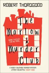 The book cover for The Marlow Murder Club has a stylised red &quot;house&quot; on the front with 4 different sized chimneys on top and a series of white squares like a crossword down the front - the title of the book is spread around the squares, as is the image of a woman standing on stairs, shining a torch upwards. There is a tagline &#039;Some Puzzles can be fatal ...&#039; and a quote &#039;A hugely enjoyable murder mystery. Utterly delightful&#039; Robert Webb