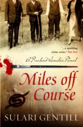 The image of the book cover for Miles off Course by Sulari Gentill includes the tagline &#039;A Rowland Sinclair Novel&#039;, with the quote &#039;... a sparkling crime series. The Age&#039;. 

The cover is made up of a shot of 4 people standing in a group, 3 holding walking sticks in their hands. One is female, she&#039;s wearing a dress and coat, and is holding an umbrella. The men in suits, vests and ties. They are standing on a grassed area. There is a paintbrush with a blood spatter at the brush end, and an insignia burnt into wood to the right of the title.