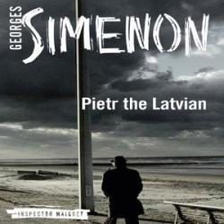 The book cover of the audio version of Pietr the Latvian by Georges Simenon has a small tagline &#039;Inspector Maigret&#039;. The image is of a lone figure in a coat and hat looking out over a flat beach and sea. Everything is grey and gloomy looking