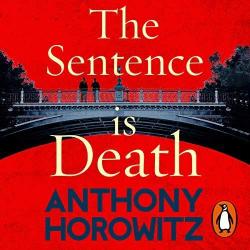 The book cover of the audio version of The Sentence is Death by Anthony Horowitz is on a bright red background with an old style arch bridge across the top, with two male figures standing by the ornate railings. There is shrubbery at either end of the bridge and the book title and author&#039;s name are displayed over and around the bridge in very large lettering.