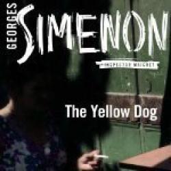 The book cover of the audio version of The Yellow Dog by Georges Simenon has a small tagline &#039;Inspector Maigret&#039;. The image is a blurred view of a green door with a large lock on it and a woman, partly in shadow, standing in front of it. She&#039;s holding a cigarette and wearing a bright floral dress.