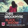 The book cover of Black Widow by Christopher Brookmyre (audio version) with the tagline &#039;She&#039;s on Trial for his Life&#039; / &#039;A Jack Parlabane Thriller&#039;

The image is of a woman in a red coat, her long black hair blowing in the wind. She&#039;s got her back to the viewer, seated on a wooden park bench looking towards a foggy sky with the outline of trees visible.