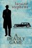 The image of the book cover for A Deadly Game by Laraine Stephens is a drawing of a man in silhouette, he&#039;s wearing a long coat, grey tie and hat on an angle. There&#039;s a  1940&#039;s style car behind him, and it is all laid out on a textured pale blue background.

