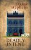 The image of the book cover for Deadly Intent by Laraine Stephens is a drawing of an art deco style 2 story terrace house with elaborate ironwork and a spiked fence. There&#039;s a white 1940&#039;s style car out the front. 

